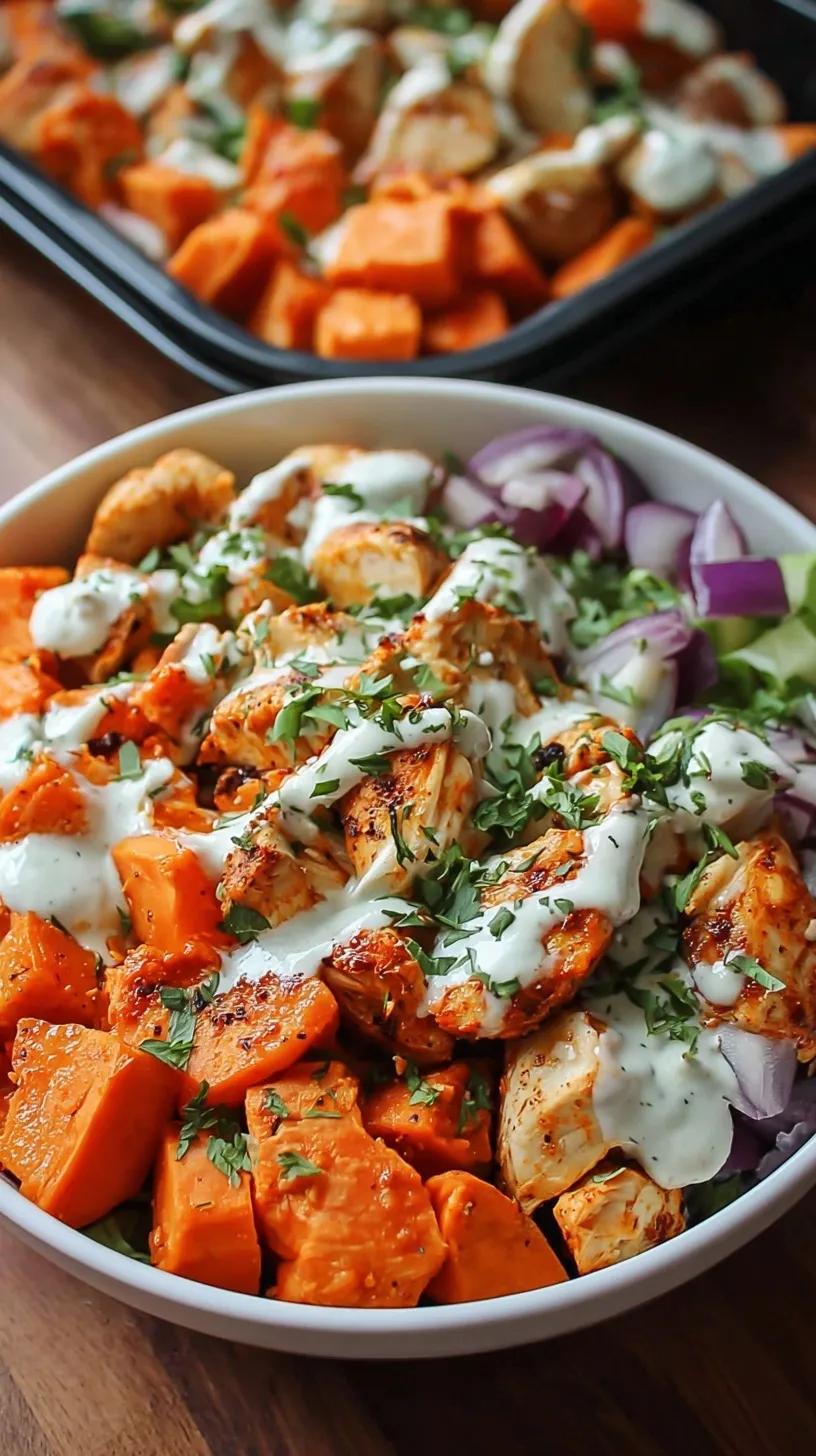 A sheet pan filled with roasted buffalo chicken cubes and golden sweet potato cubes garnished with green onions.