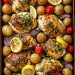 Roasted garlic butter chicken pieces with red potatoes and broccoli on a sheet pan
