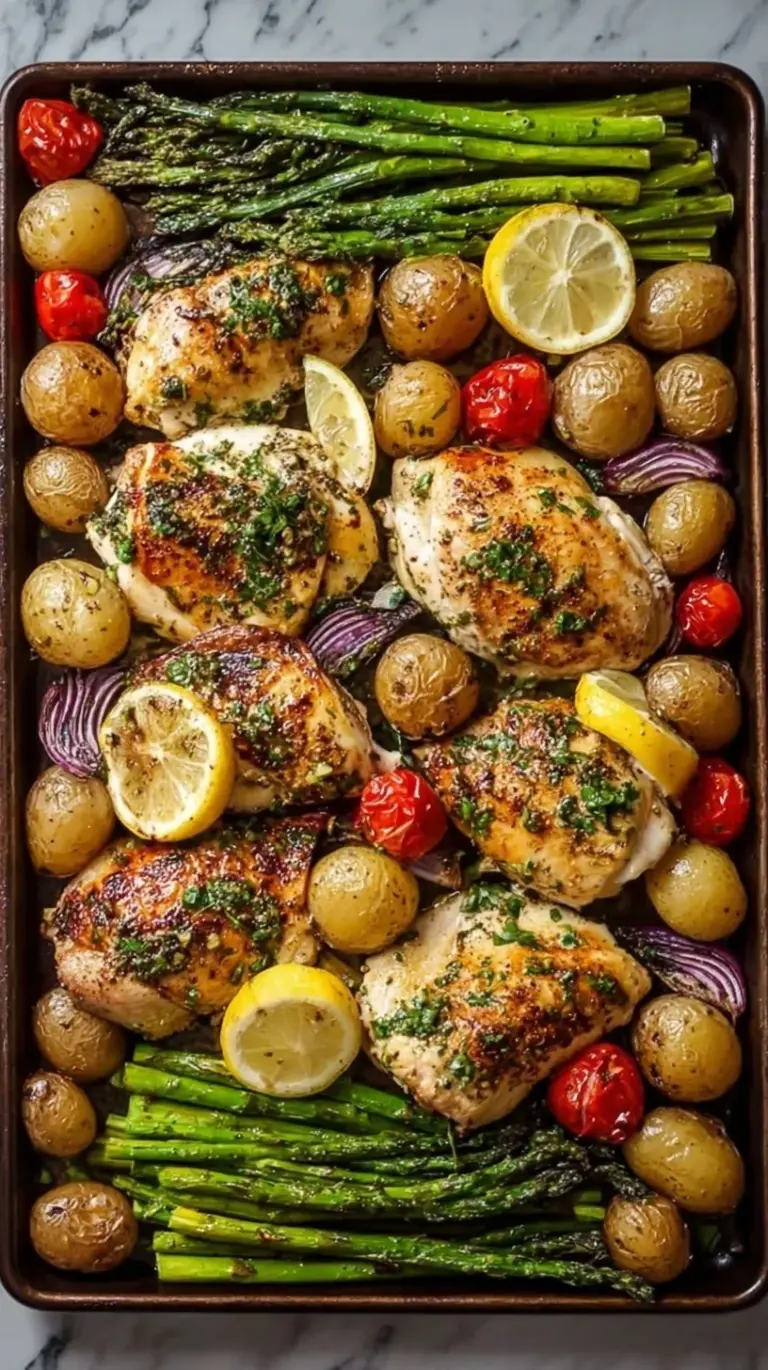 Roasted garlic butter chicken pieces with red potatoes and broccoli on a sheet pan