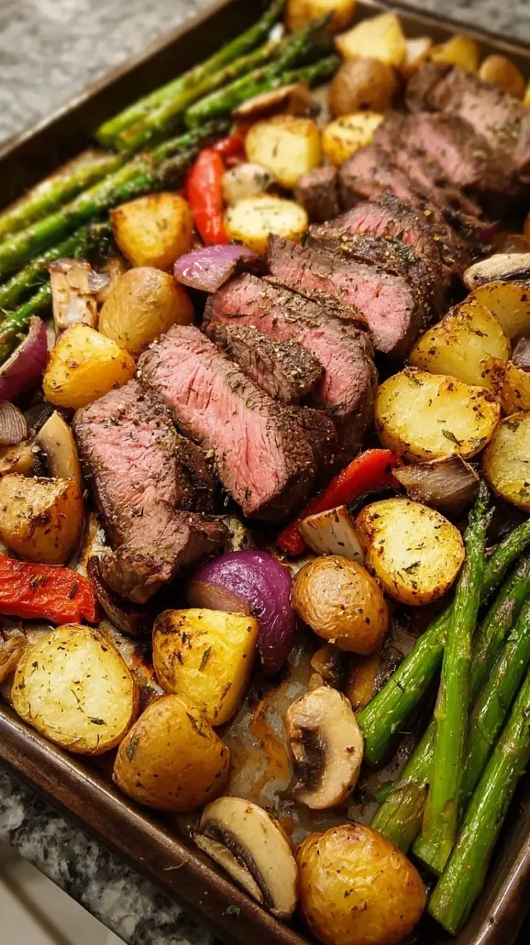 A colorful sheet pan with roasted steak cubes, broccoli, red onions, and bell peppers.