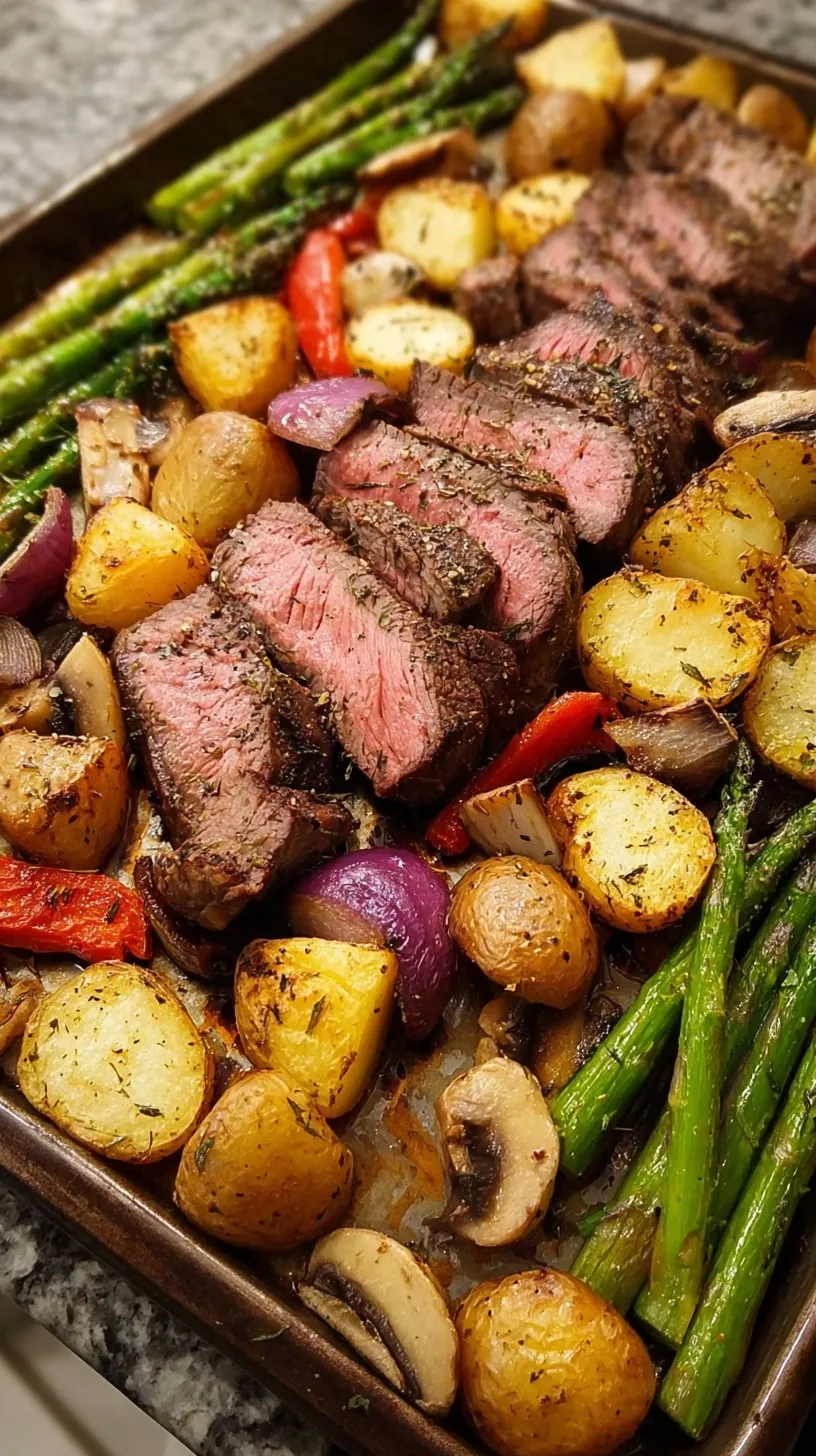 A colorful sheet pan with roasted steak cubes, broccoli, red onions, and bell peppers.
