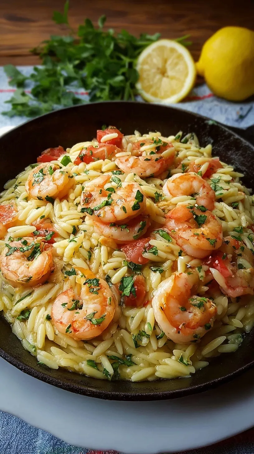 A skillet of golden shrimp and tender orzo pasta tossed in a lemon garlic butter sauce with fresh parsley.