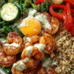 A fresh shrimp quinoa bowl with avocado, cucumber, and cherry tomatoes in a white bowl.