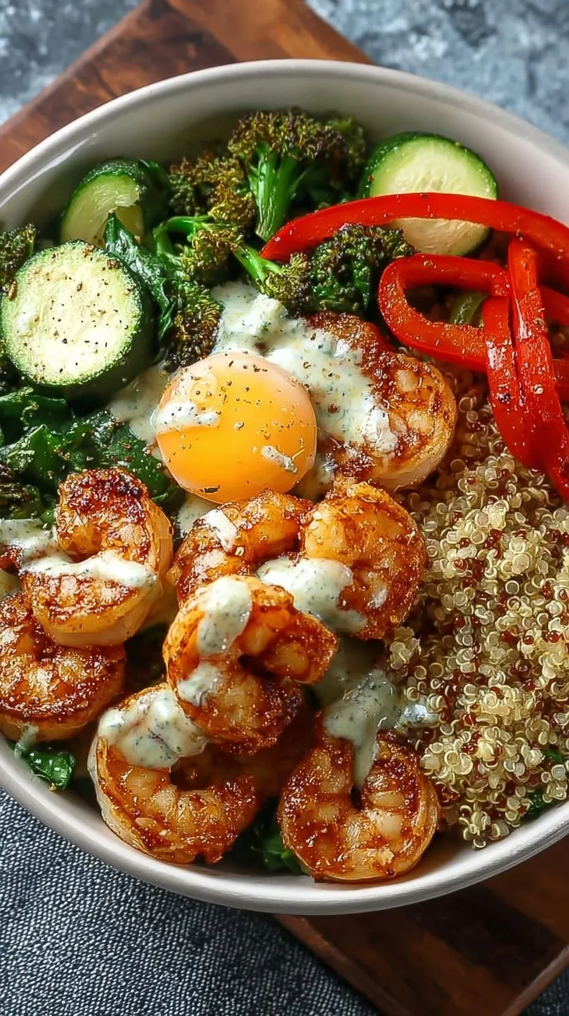 A fresh shrimp quinoa bowl with avocado, cucumber, and cherry tomatoes in a white bowl.