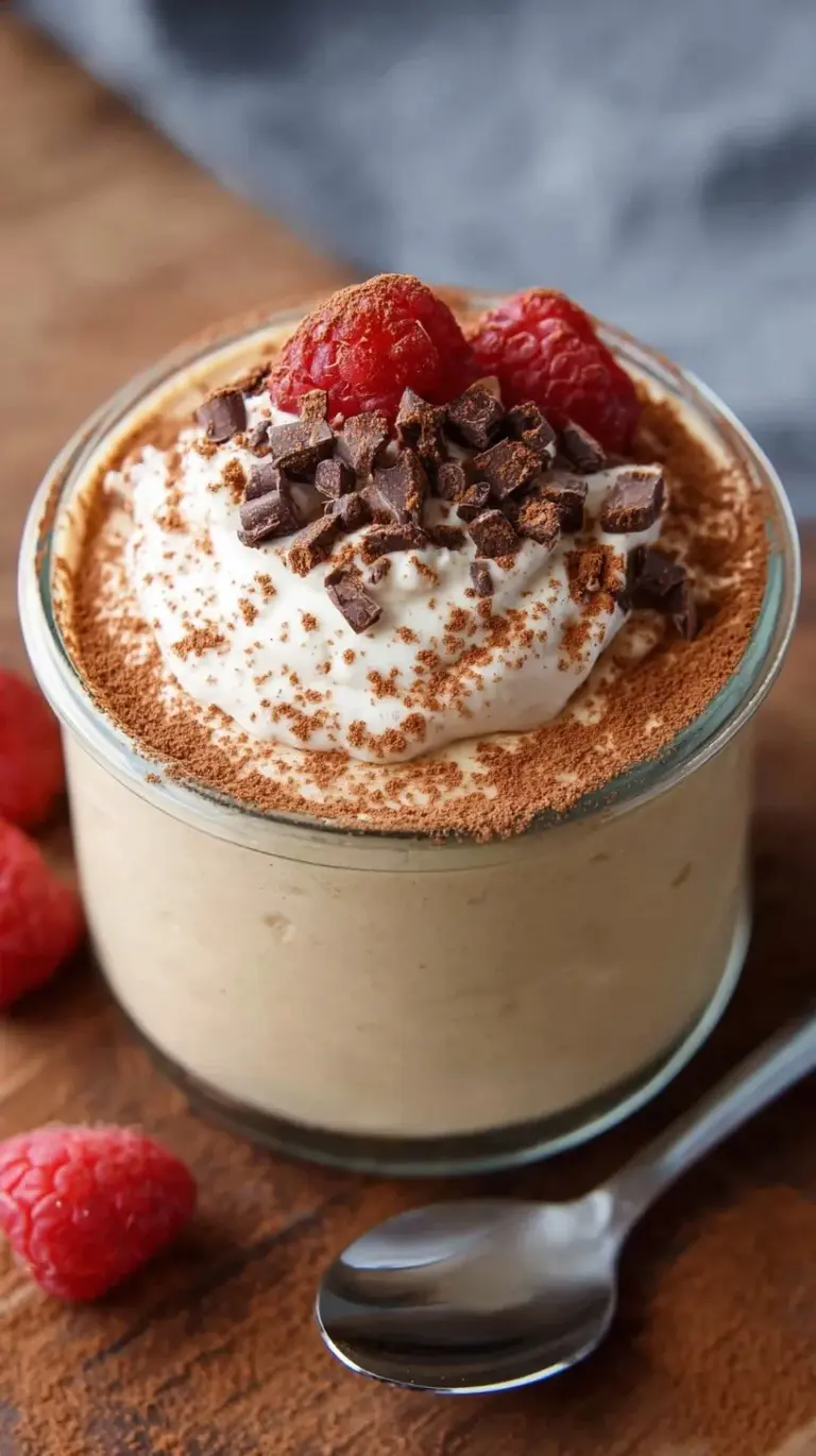 A small glass bowl filled with thick, creamy protein pudding topped with fresh berries.