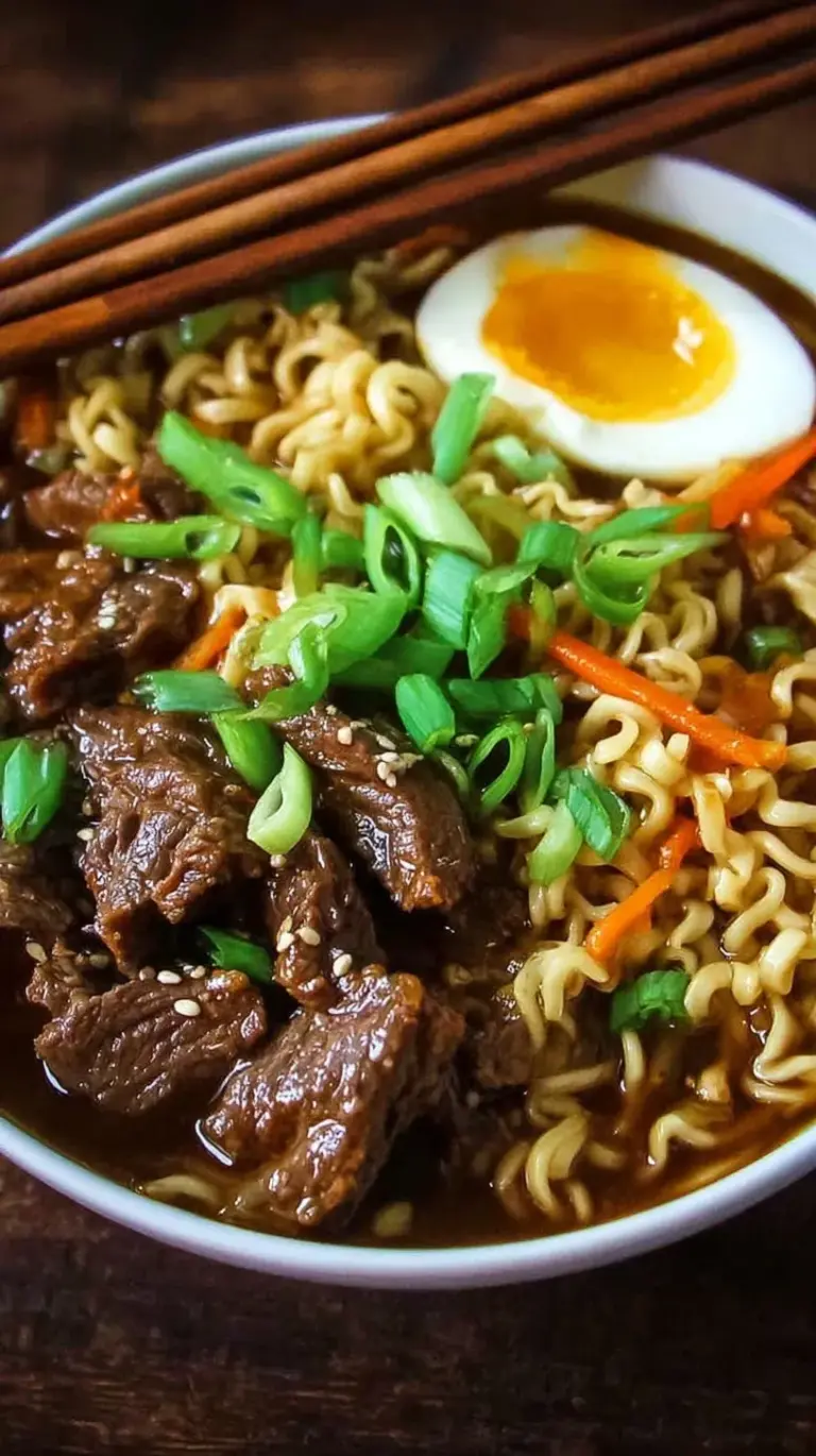 A steaming bowl of tender slow cooker beef ramen noodles with carrots and green onions.
