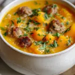 A warm bowl of creamy butternut squash and sausage soup garnished with fresh parsley.