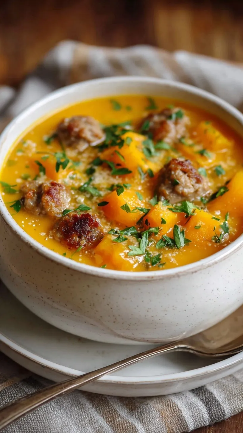 A warm bowl of creamy butternut squash and sausage soup garnished with fresh parsley.