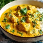 A golden, creamy slow cooker chicken korma served in a bowl with fresh cilantro and rice