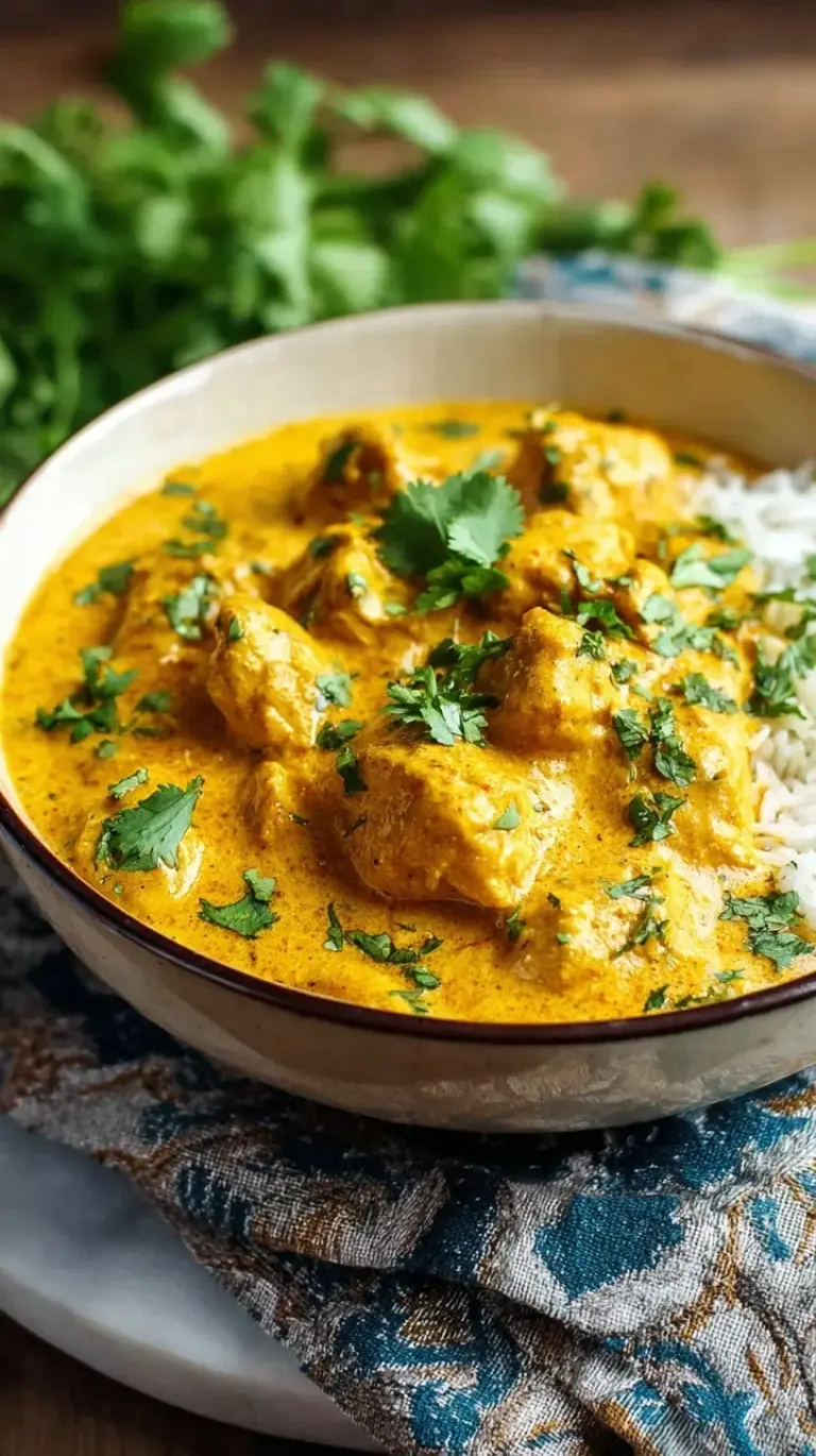 A golden, creamy slow cooker chicken korma served in a bowl with fresh cilantro and rice