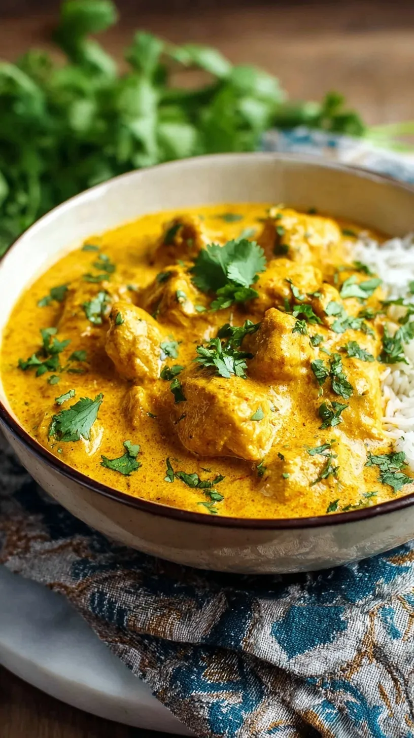 A golden, creamy slow cooker chicken korma served in a bowl with fresh cilantro and rice