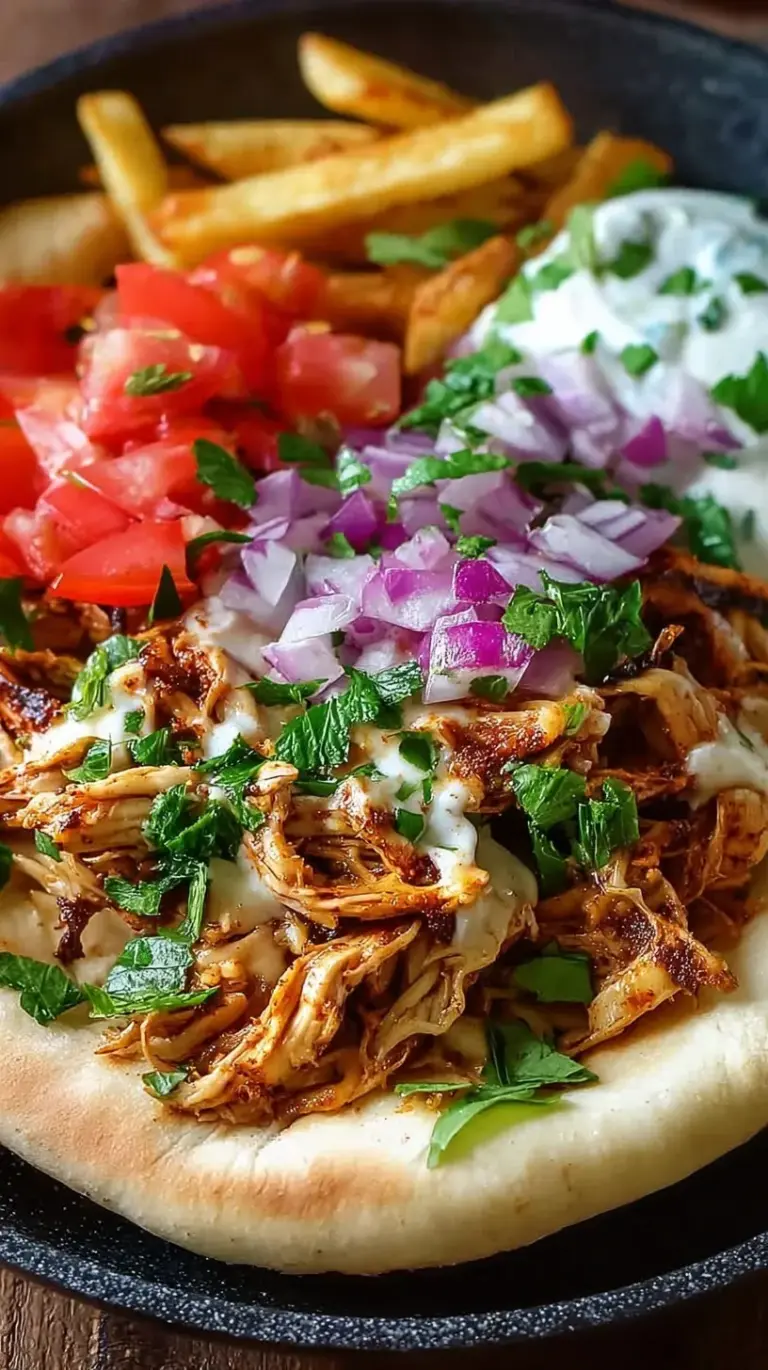 Shredded slow cooker chicken shawarma with charred edges served in a pita with fresh vegetables
