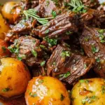 Tender cubes of beef and golden baby potatoes in a slow cooker with garlic butter sauce and fresh parsley.