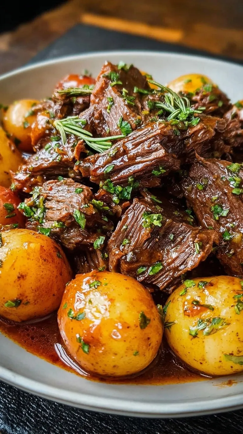 Tender cubes of beef and golden baby potatoes in a slow cooker with garlic butter sauce and fresh parsley.