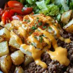 A vibrant Healthy Smash Burger Bowl with crispy beef patties, fresh tomatoes, and tangy sauce on a bed of romaine lettuce.