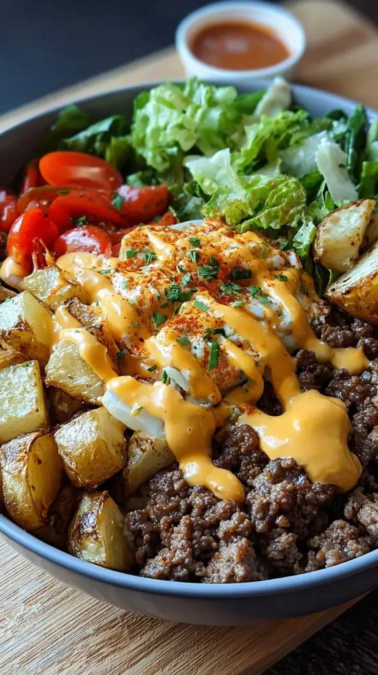 A vibrant Healthy Smash Burger Bowl with crispy beef patties, fresh tomatoes, and tangy sauce on a bed of romaine lettuce.