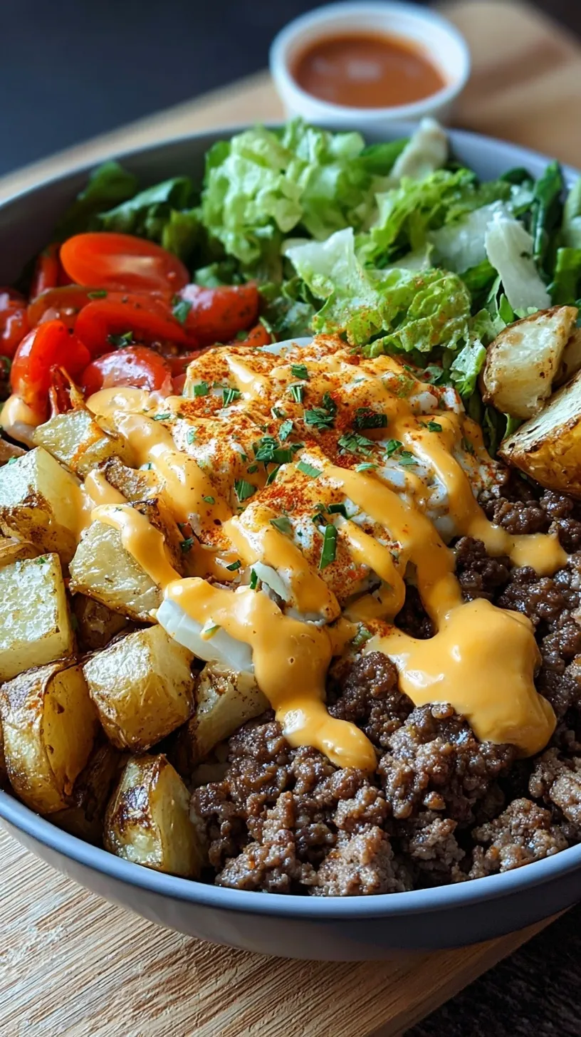 A vibrant Healthy Smash Burger Bowl with crispy beef patties, fresh tomatoes, and tangy sauce on a bed of romaine lettuce.