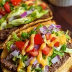Crispy smash burger tacos with melted cheese and fresh toppings on a griddle