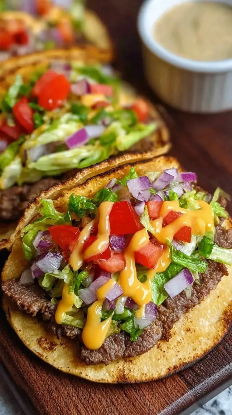 Crispy smash burger tacos with melted cheese and fresh toppings on a griddle