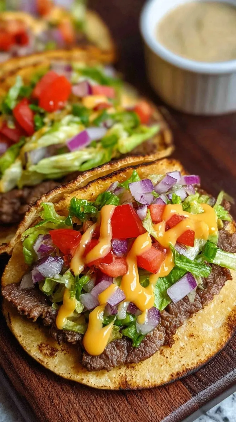 Crispy smash burger tacos with melted cheese and fresh toppings on a griddle