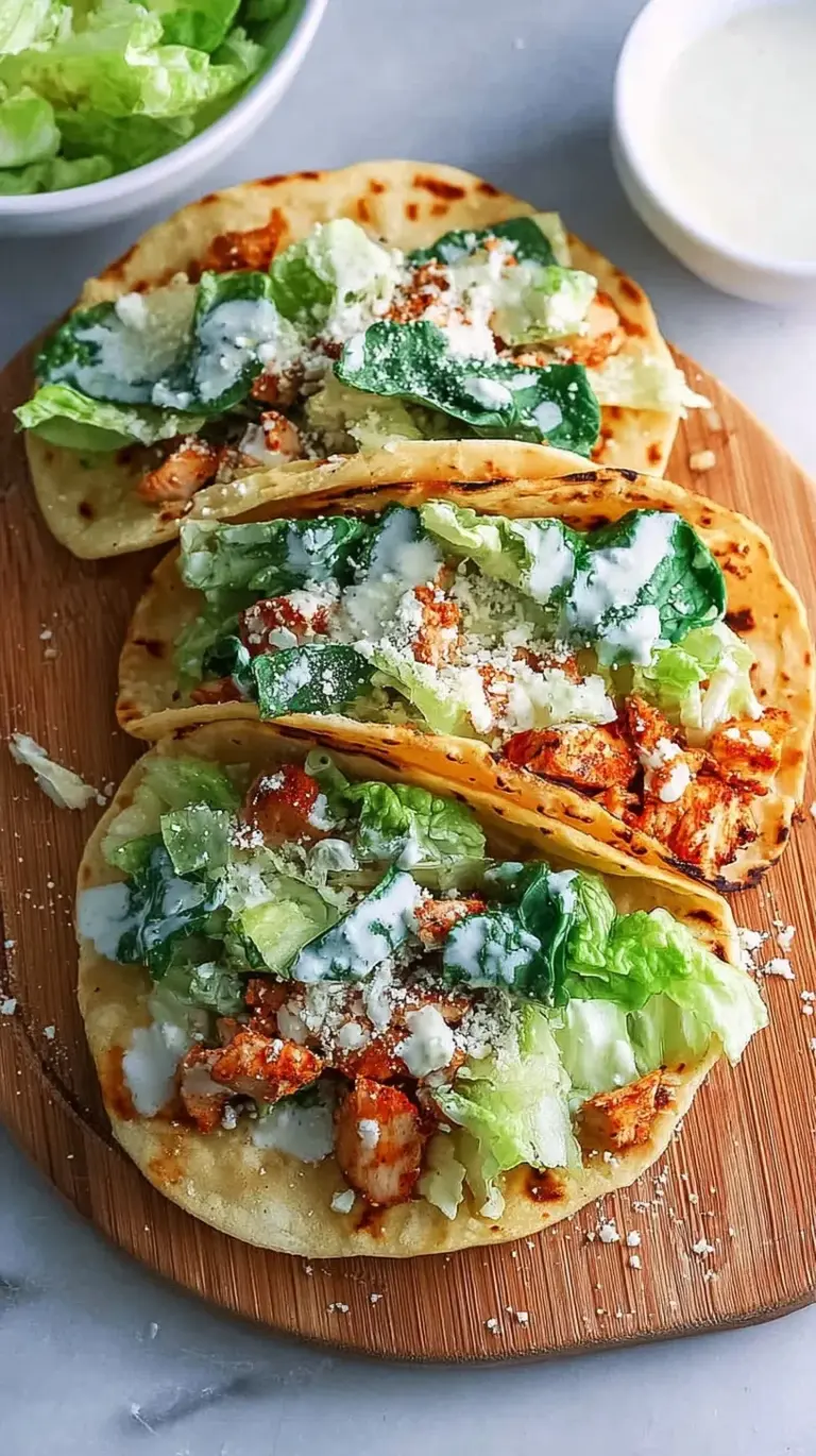 Golden brown smash chicken caesar tacos topped with fresh romaine and parmesan cheese.