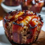 Individual bacon-wrapped meatloaf cupcakes topped with a glossy bourbon BBQ glaze in a muffin tin.