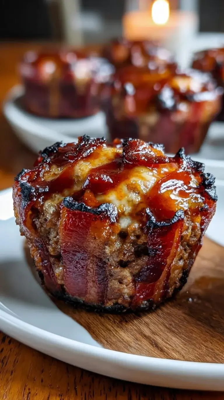 Individual bacon-wrapped meatloaf cupcakes topped with a glossy bourbon BBQ glaze in a muffin tin.