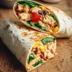 A fresh Southwest chicken wrap sliced diagonally showing grilled chicken, black beans, and corn