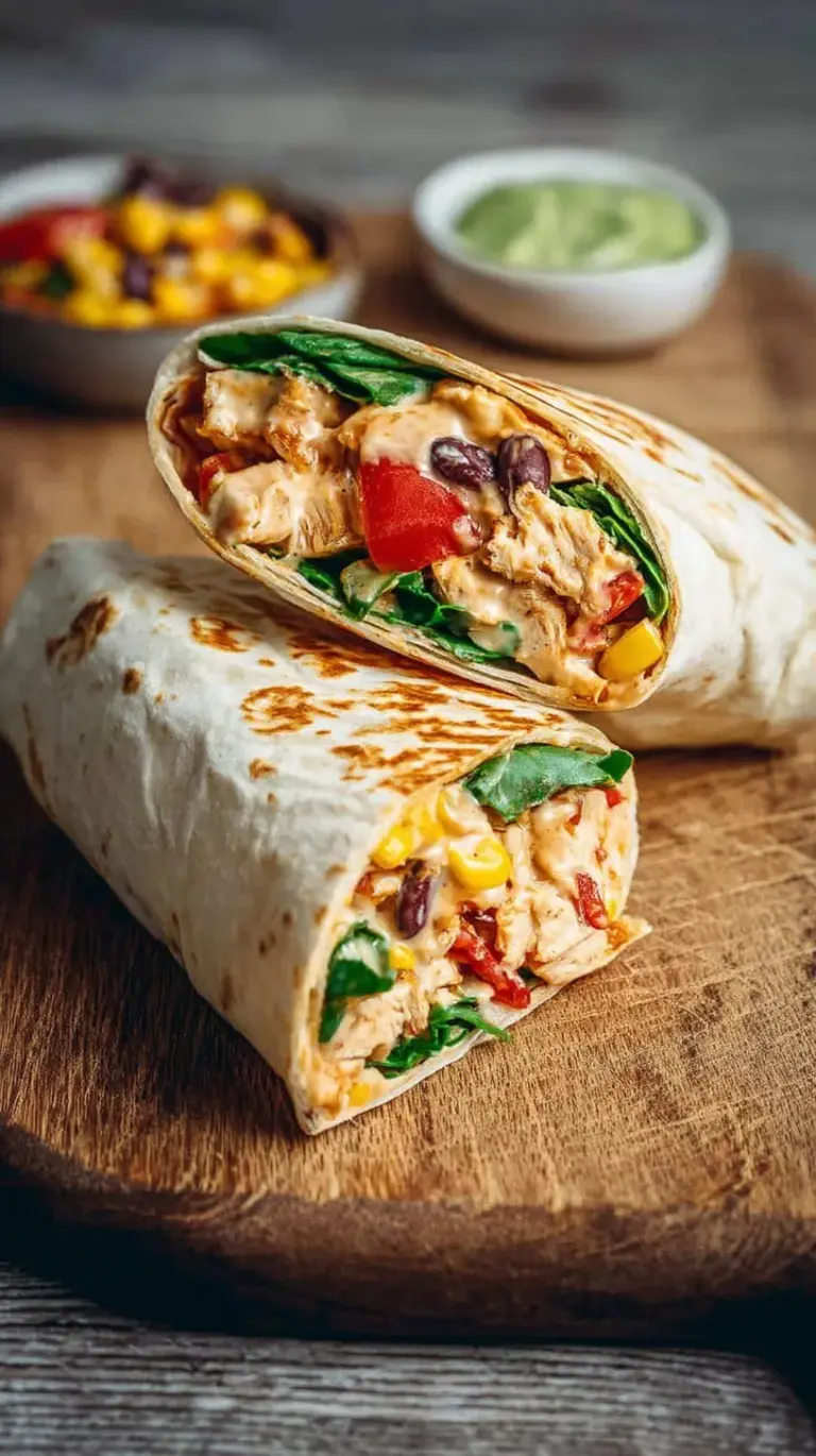 A fresh Southwest chicken wrap sliced diagonally showing grilled chicken, black beans, and corn