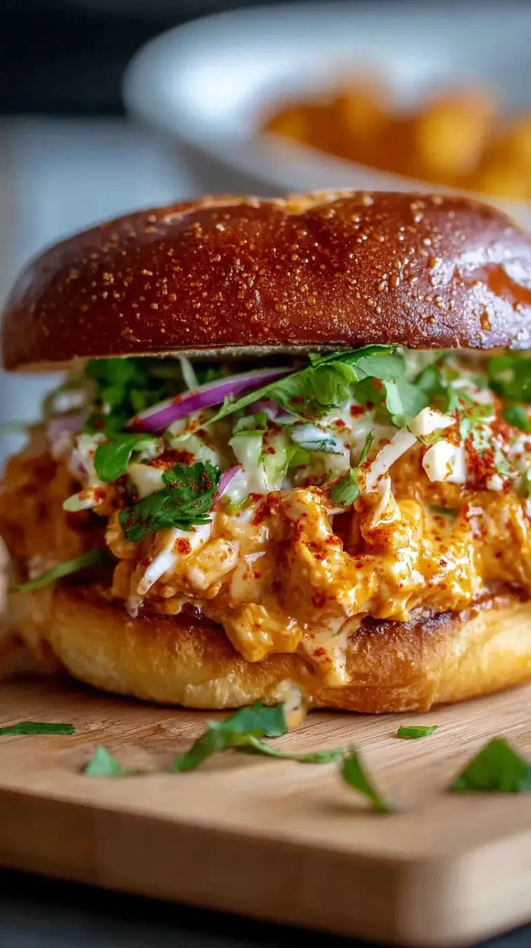 A crispy fried chicken sandwich coated in creamy orange sauce on a toasted brioche bun with green slaw.