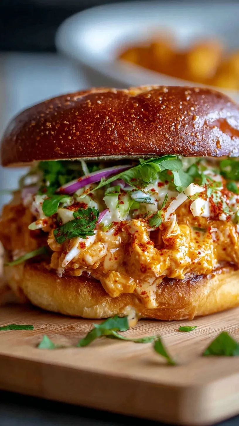 A crispy fried chicken sandwich coated in creamy orange sauce on a toasted brioche bun with green slaw.