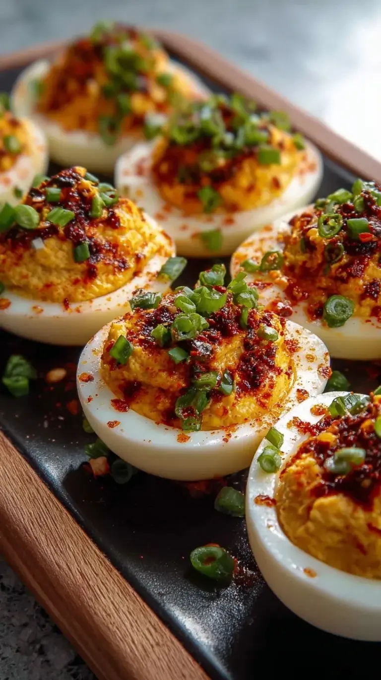 A platter of spicy chili garlic deviled eggs garnished with green scallions and sesame seeds