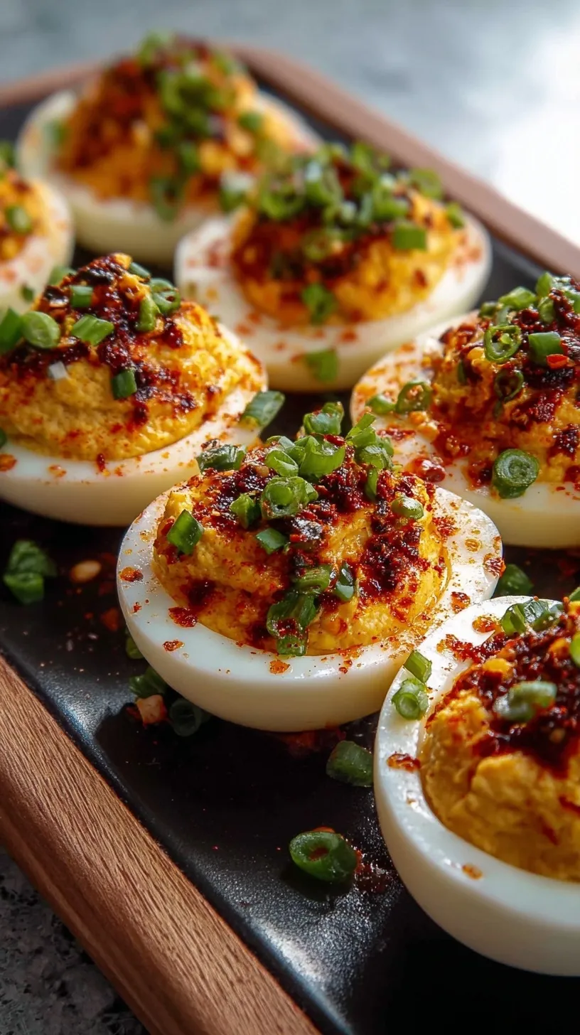 A platter of spicy chili garlic deviled eggs garnished with green scallions and sesame seeds