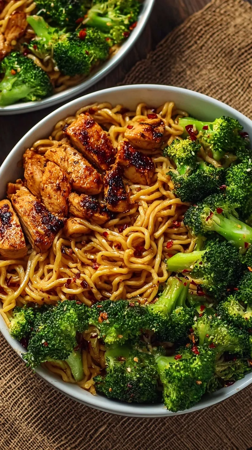 A bowl of spicy garlic chicken with broccoli and noodles topped with green onions and sesame seeds.