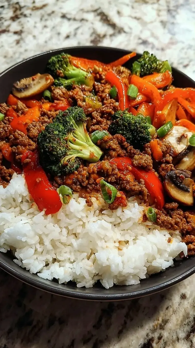 A colorful spicy ground beef stir fry bowl with steamed broccoli, red peppers, and fluffy rice.