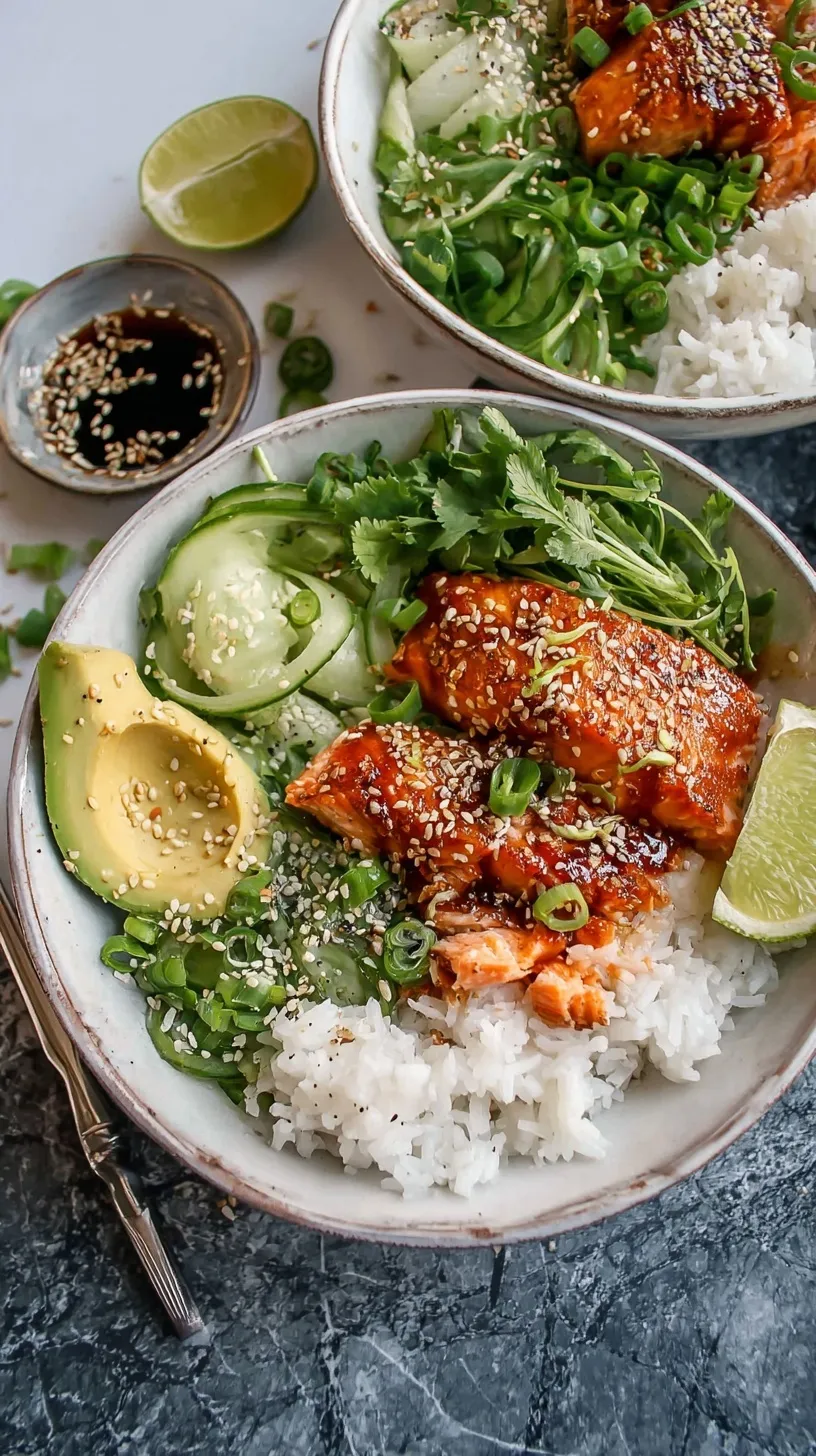A vibrant bowl of seared spicy salmon cubes, sliced avocado, and cucumber over fluffy coconut rice.