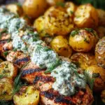 Roasted spicy yogurt chicken cubes and crispy potatoes on a baking sheet with a side of dill feta cream sauce.