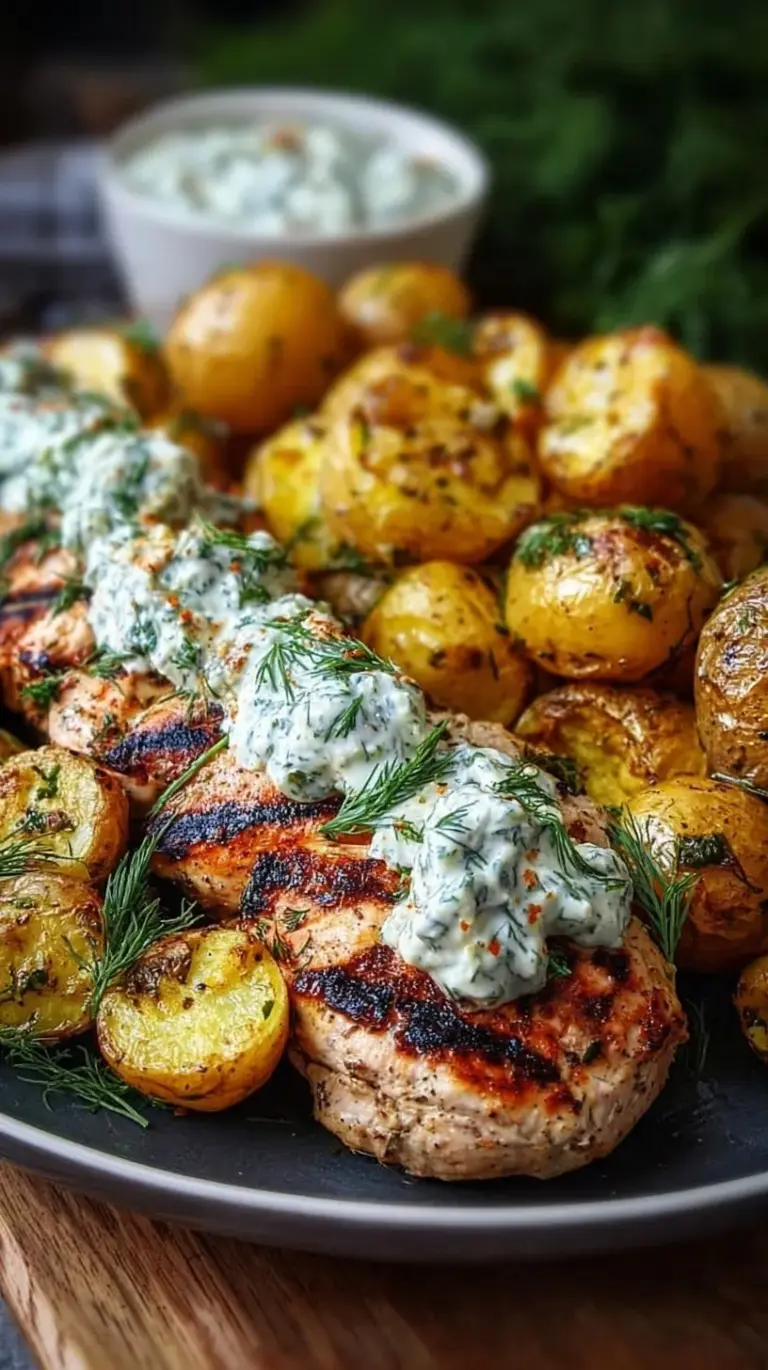 Roasted spicy yogurt chicken cubes and crispy potatoes on a baking sheet with a side of dill feta cream sauce.