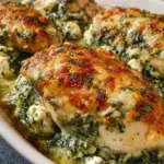 Golden brown baked chicken breasts stuffed with green spinach and white feta cheese in a glass baking dish