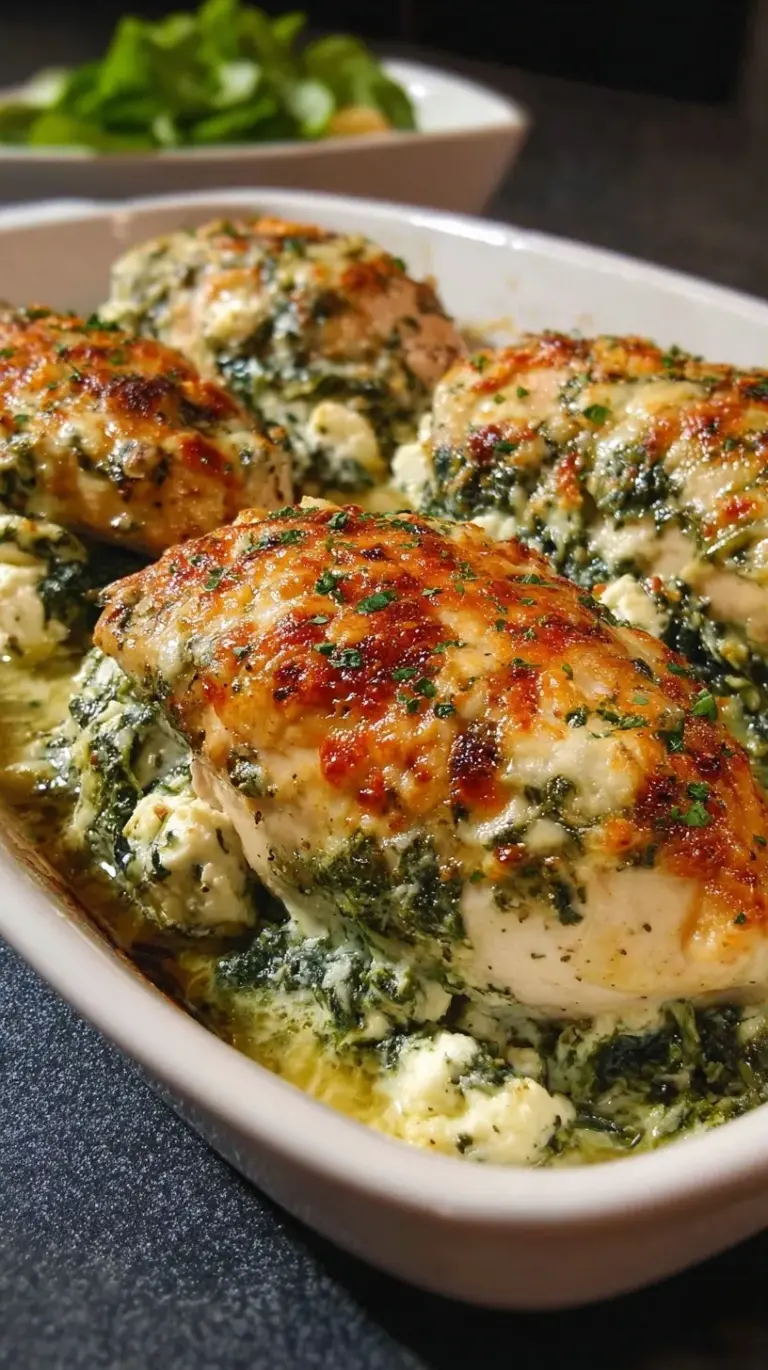Golden brown baked chicken breasts stuffed with green spinach and white feta cheese in a glass baking dish