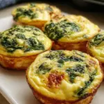 A tray of golden-brown spinach egg muffins with melted cheddar cheese and red bell peppers.
