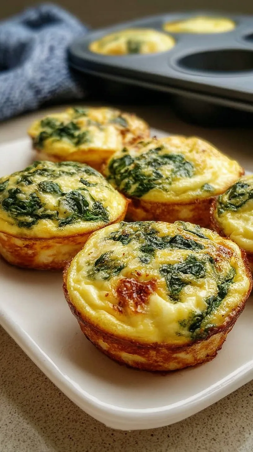 A tray of golden-brown spinach egg muffins with melted cheddar cheese and red bell peppers.