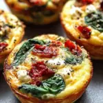 A tray of golden-brown spinach and feta egg muffins with sun-dried tomatoes