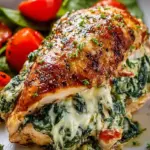 Golden brown spinach stuffed chicken breast seared in a skillet with creamy filling peeking out.