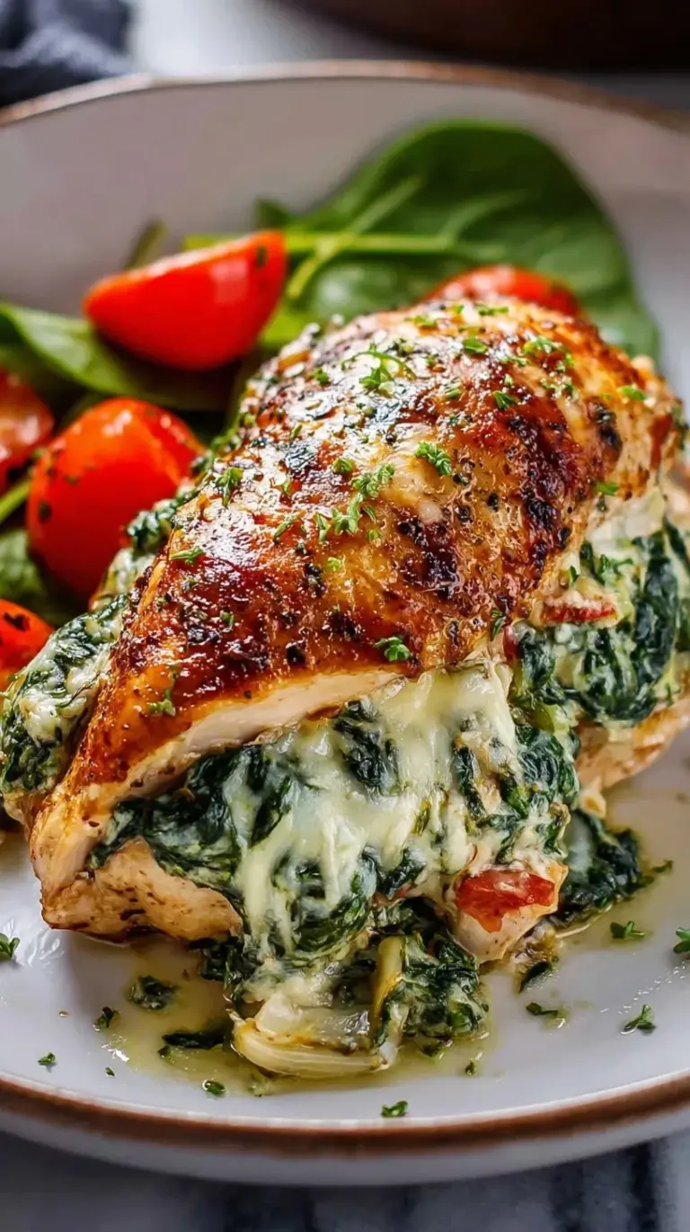 Golden brown spinach stuffed chicken breast seared in a skillet with creamy filling peeking out.
