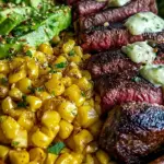A vibrant steak avocado corn bowl with charred corn and fresh cilantro