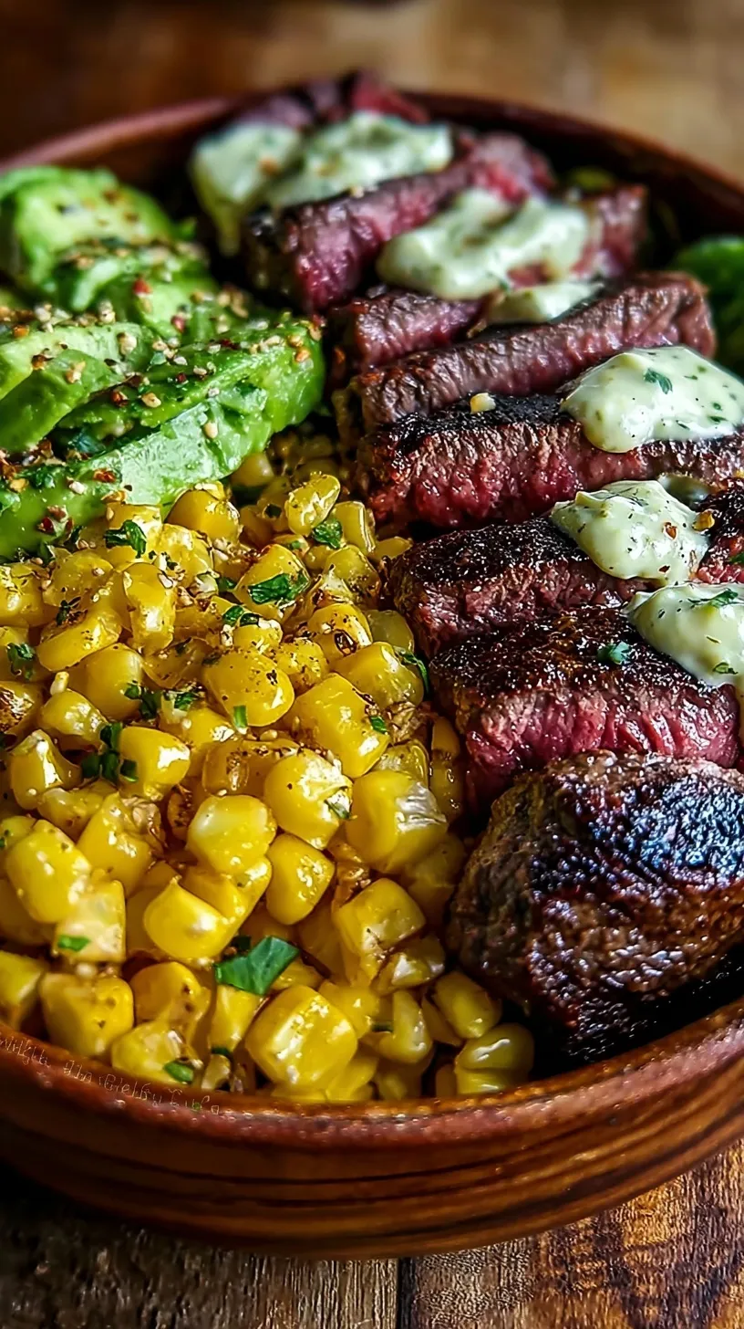 A vibrant steak avocado corn bowl with charred corn and fresh cilantro