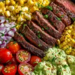 A vibrant steak avocado corn bowl with sliced flank steak, charred corn, and creamy avocado over brown rice