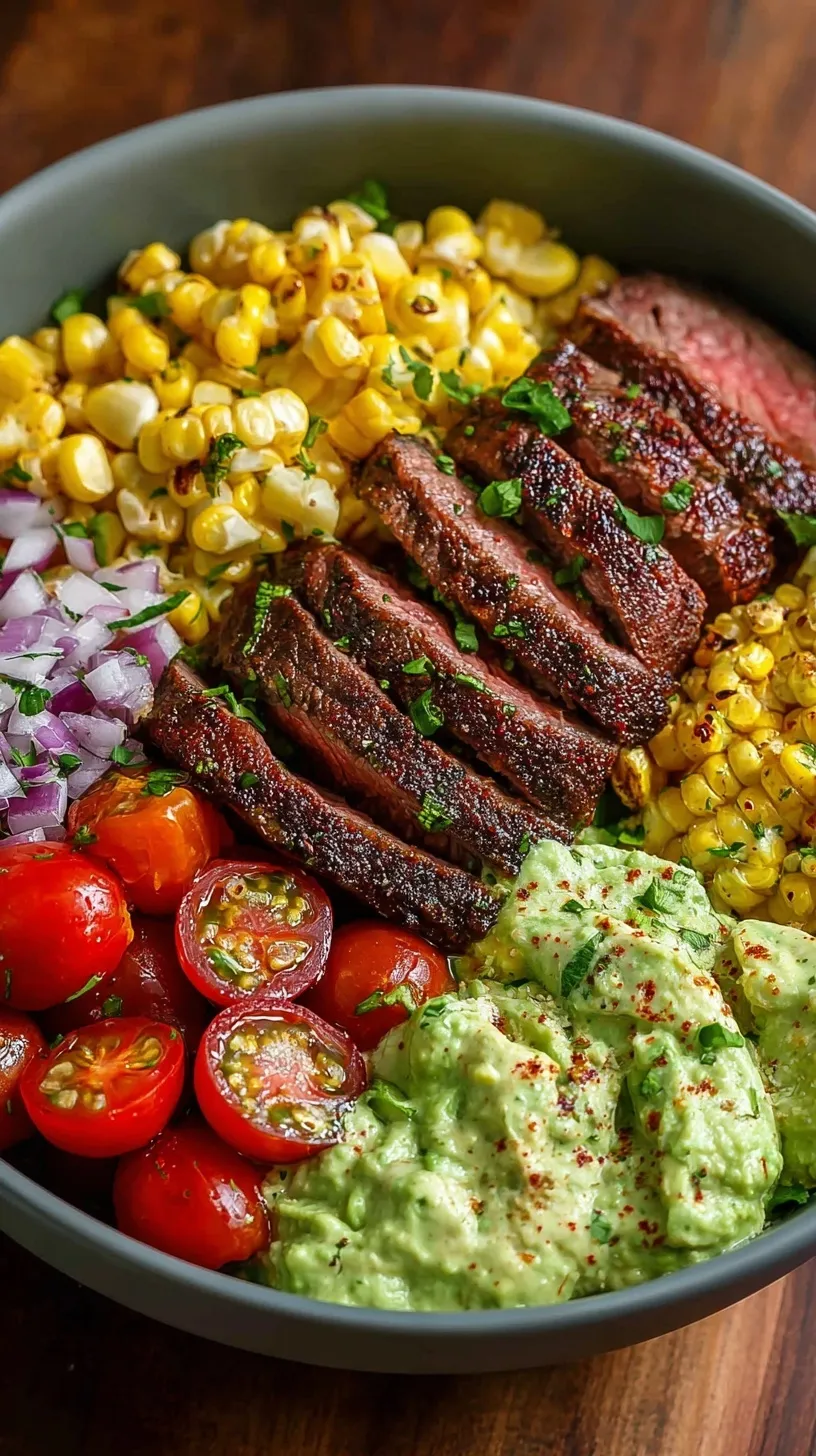 A vibrant steak avocado corn bowl with sliced flank steak, charred corn, and creamy avocado over brown rice