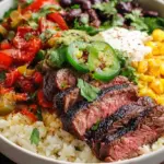 A high-protein steak burrito bowl with seared flank steak, cilantro-lime rice, black beans, corn, and fresh avocado.